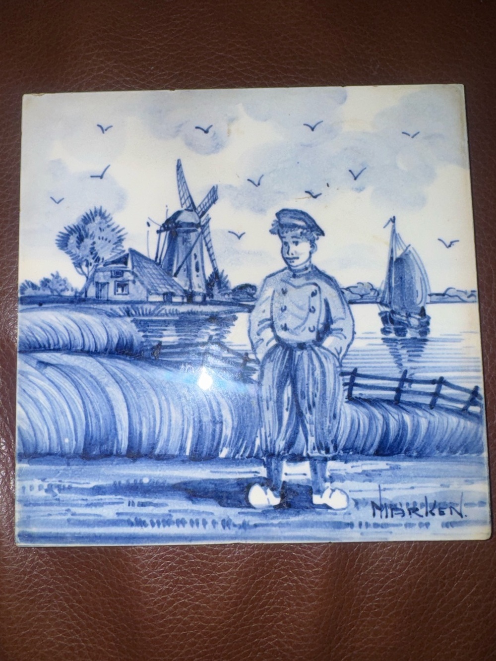 Delft Blue Hand-Painted "Marken" Dutch Boy Windmill Ceramic Tile, Holland